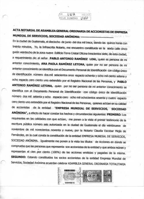 El acta notarial donde consta que Pablo Ramírez es accionista mayoritario. 