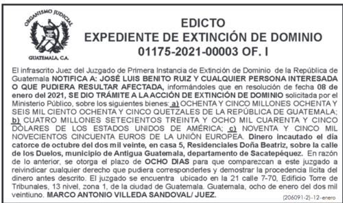 José Luis Benito, caso 122 millones de quetzales, extinción de dominio 