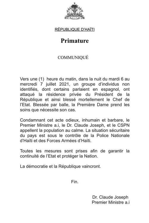 Comunicado ofrecido por el Primer Ministro Joseph. (Documento: Presidencia de Haití)