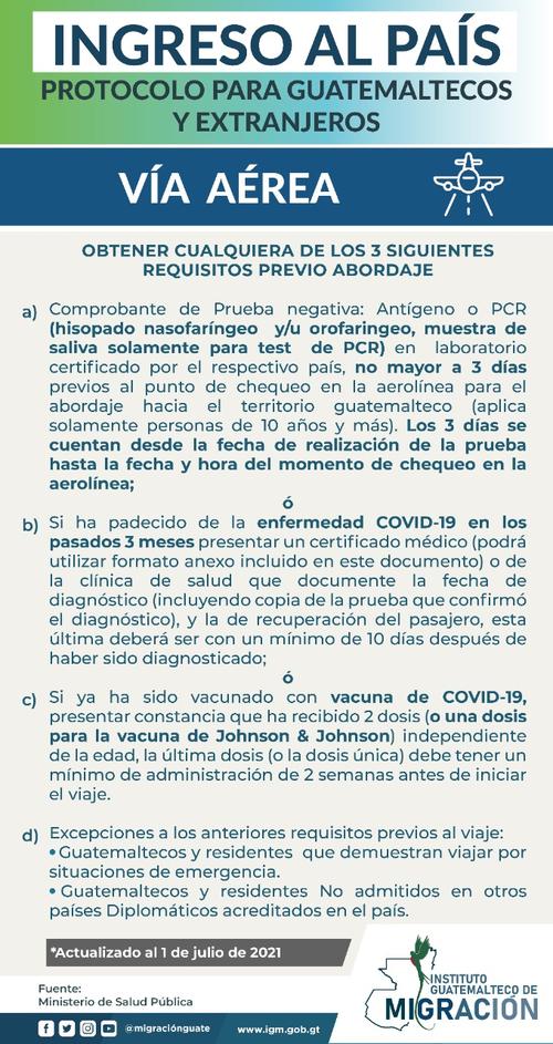 El Instituto Guatemalteco de Migración (IGM) pide la prueba de antígeno para poder ingresar al país. (Documento: IGM)