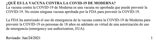 Detalle de la hoja informativa de la FDA sobre la vacuna Moderna. (Documento: FDA)