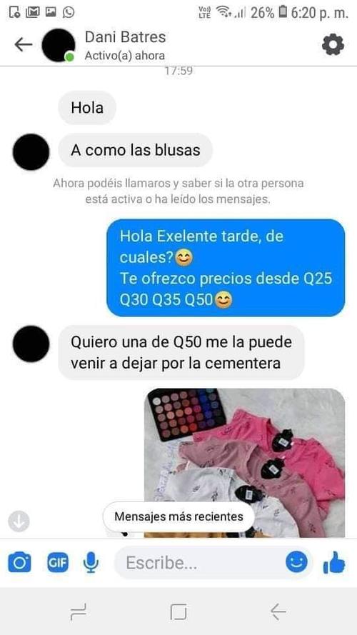 En el primer mensaje la persona preguntó el precio de las blusas. (Foto: Facebook Luis Sequen) 
