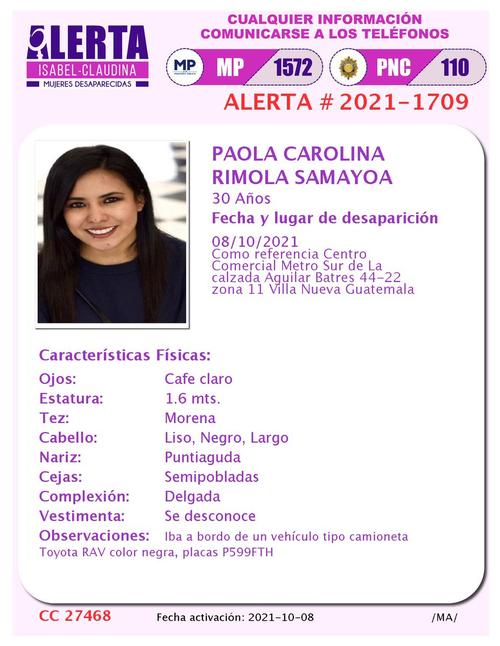 La empresaria Paola Carolina Rímola Samayoa fue reportada desaparecida. (Foto: Boletín Isabel-Claudina) 