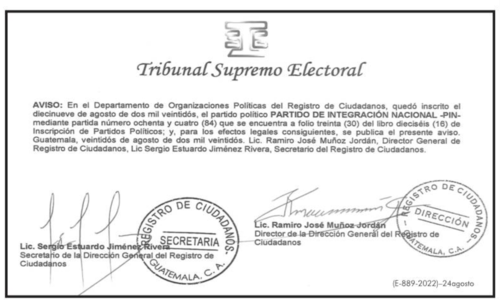 El TSE notificó sobre la inscripción del Partido de Integración Nacional, (PIN).  (Foto: Captura de Pantalla)