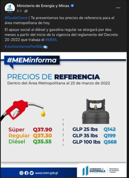 El MEM publicó este miércoles 23 de marzo los precios de referencia. Estos no son iguales a los que están en algunas gasolineras. (Foto: MEM)
