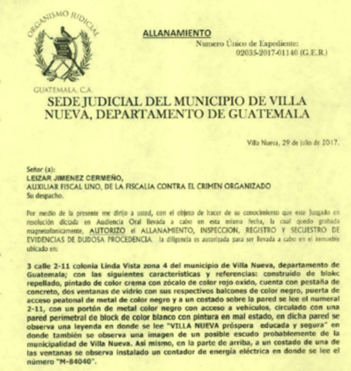 Esta fue la orden de allanamiento al inmueble de la zona 04 de Villa Nueva, en la que encontraron el recibo de teléfono que dio paso a la investigación contra la estructura. (Foto: MP)