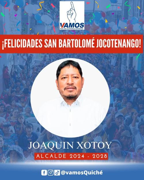 En el municipio de San Bartolomé Jocotenango, en Quiché, Joaquin Xotoy del Partido Vamos será el próximo alcalde.

