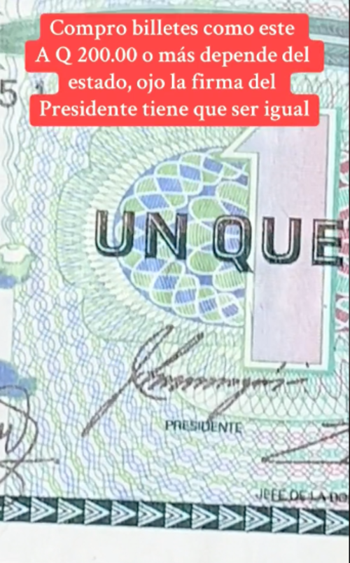 Uno de los requisitos es que el billetes haya sido firmado por el presidente del Banguat de 1985-1986. (Foto: captura de video)