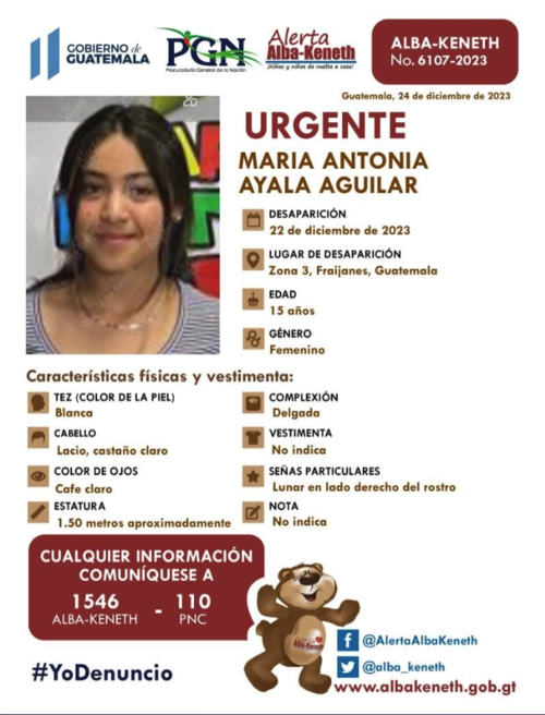 Maria Antonia Ayala, Fraijanes, desapareció menor, alerta Alba-Keneth