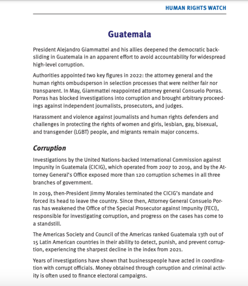 El informe de HRW dedica un capítulo sobre Guatemala. (Foto: captura de pantalla)