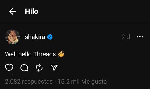 Shakira se unió a la nueva red social Threads. (Foto: captura de pantalla)