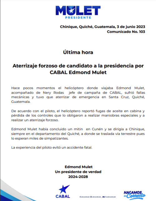 edmond mult, aterrizaje de emergencia, elecciones guatemala, elecciones 2023