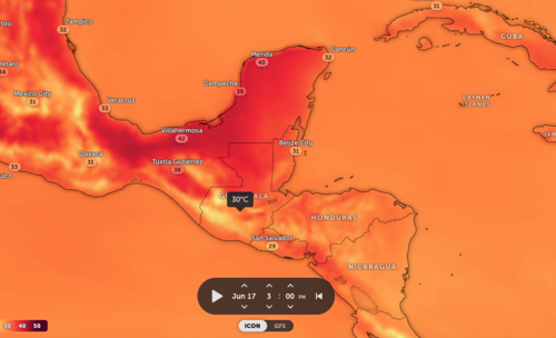 La plataforma Zoom Earth prevé temperaturas similares que el pronóstico del Insivumeh para este fin de semana. (Gráfica: Zoom Earth)