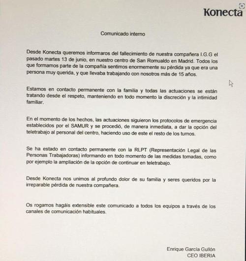 El comunicado enviado a empleados de Konecta. (Foto: ElConfidencialDigital)