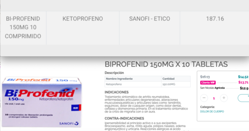 Bi Profenid (Ketoprofeno) es un analgésico. La imagen superior muestra el precio en Guatemala y la inferior en El Salvador. (Foto: captura de pantalla)