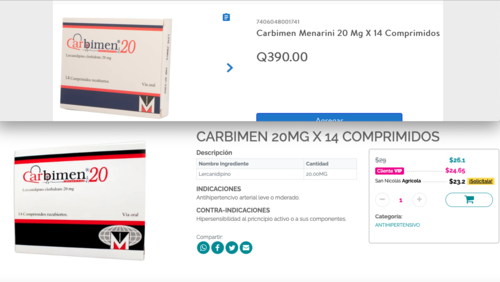 Carbimen Bi Profenid (Lercanidipino) es para el tratamiento de la hipertensión. La imagen superior muestra el precio en Guatemala y la inferior en El Salvador. (Foto: captura de pantalla)