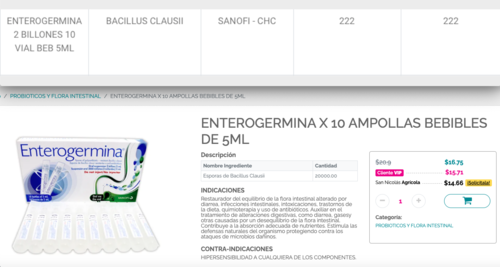 Enterogermina (Bacillus clausii) es un restaurador de la flora intestinal. La imagen superior muestra el precio en Guatemala y la inferior en El Salvador. (Foto: captura de pantalla)