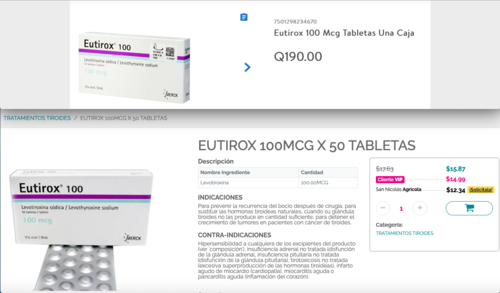 Eutirox (Levotiroxina) es una hormona sintética para problemas de la tiroides. La imagen superior muestra el precio en Guatemala y la inferior en El Salvador. (Foto: captura de pantalla)