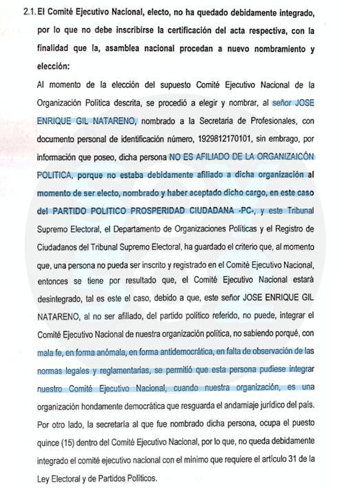 carlos pineda, denuncia, comité ejecutivo nacional, prosperidad nacional, elecciones guatemala