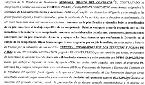 El el contrato quedó acordado el pago mensual de Q 18 mil como asesor. (Foto: captura de pantalla)