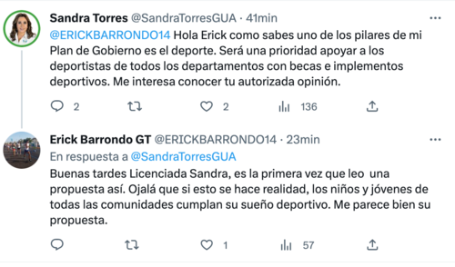 La candidata presidencial, Sandra Torres, intercambió un mensaje con Erick Barrondo. (Foto: captura de pantalla)