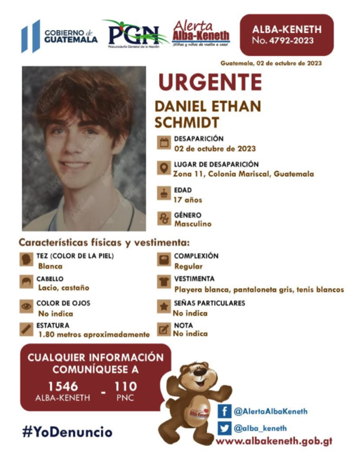 Ethan Schmidt, adolescente desaparecido, Mariscal zona 11