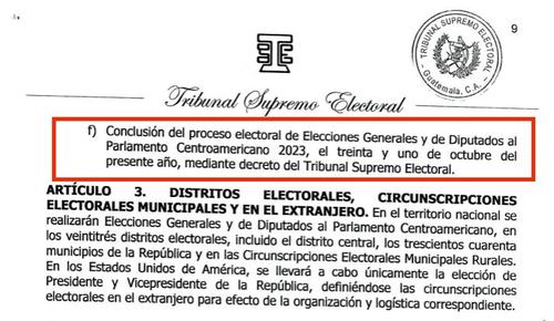 La fecha de finalización del proceso electoral se estableció en el artículo 2 del Decreto 1-2023 del TSE. 