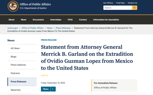 El Departamento de Justicia informó de la extradición de Ovidio Guzmán. (Foto: captura de pantalla)