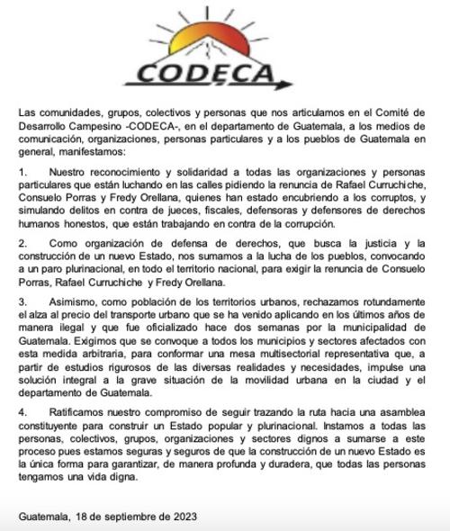 Comunicado de Codeca por nueva jornada de protestas.