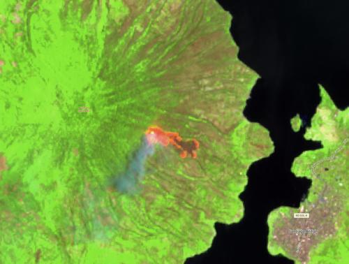 El incendio Forestal en el Volcán San Pedro, Sololá. (Cortesía: Planet Copernicus)