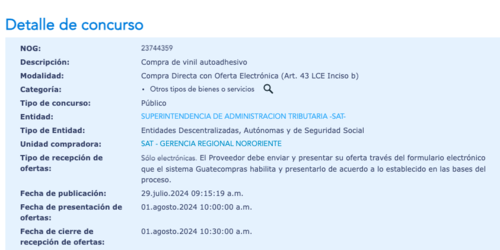 Este es el concurso publicado por la SAT en el portal de Guatecompras. (Foto: Guatecompras/Soy502)