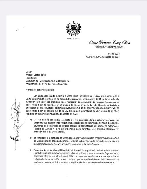 Esta es la carta enviada por el presidente de la CSJ, Oscar Cruz, a los comisionados. (foto: captura de pantalla)