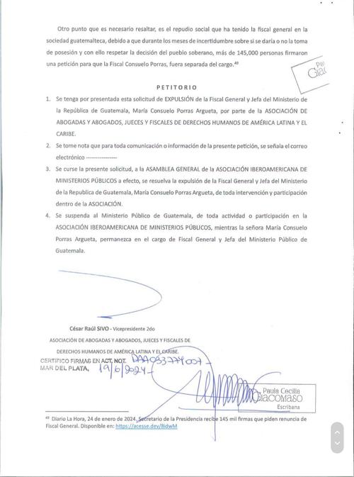 Oficio presentado con la petición de la Asociación de Abogadas y Abogadas, Jueces y Fiscales de Derechos Humanos de América Latina y El Caribe. (Foto: Redes sociales/Soy502)