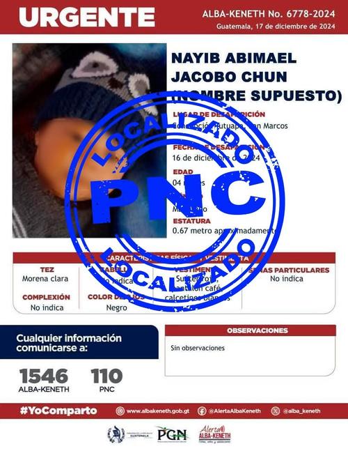 Bebé que se encontraba desaparecido fue localizado por agentes de la PNC. (Foto: PNC)