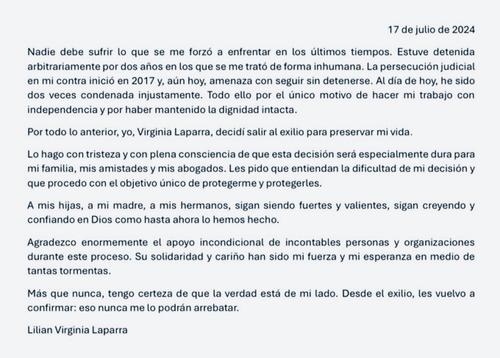 Carta de Lilian Virginia Laparra (Foto: Captura de pantalla) 