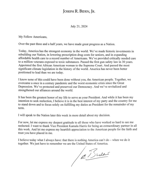 Con esta carta, Joe Biden renunció a su candidatura por la reelección. (Foto: RRSS)