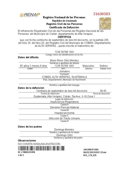 Certificado, defunción, Renap, Nacional, tramite, guatemalteco
