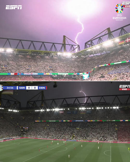 El juego entre Alemania y Dinamarca está pausado temporalmente ante la tormenta eléctrica. (Foto: ESPN