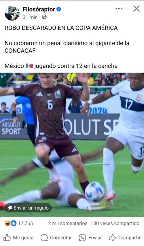 "Robo descarado, México juega contra 12", indicó una página mexicana en redes sociales.
