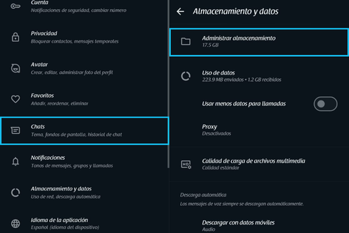 Luego de presionar "administrar almacenamiento", puedes comenzar a eliminar, chat, por chat. (Captura de pantalla: Whatsapp)