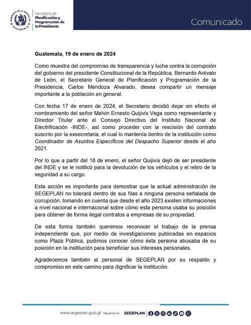 El Gobierno oficializó la destitución de Quijivix como presidente del INDE el 19 de enero del presente año. (Foto: Segeplan/Soy502)