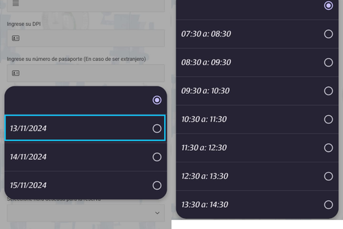 En este caso, se ha seleccionado el 13 de noviembre y estos son los horarios disponibles para la reserva. (Captura de pantalla: Banguat)