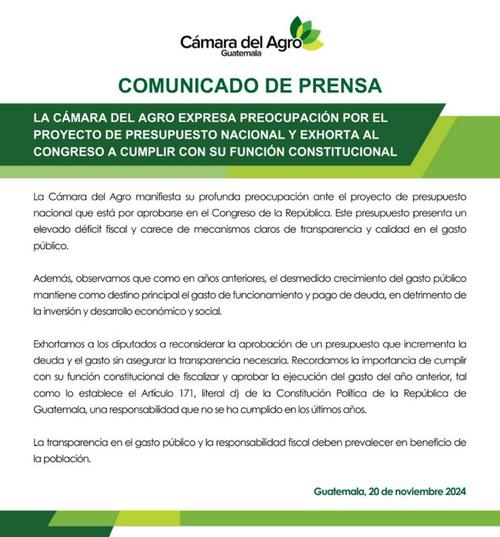 Comunicado emitido por la Cámara del Agro sobre el proyecto de presupuesto. (Foto: CAMAGRO/Soy502)