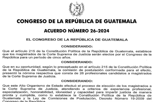 La planilla estaba integrada por 26 candidatos, pero solo 13 fueron elegidos por el Congreso de la República (Captura de pantalla/Diario de Centroamérica)
