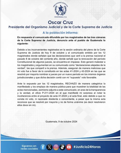 Comunicado emitido por el aún presidente de la CSJ, Oscar Cruz.