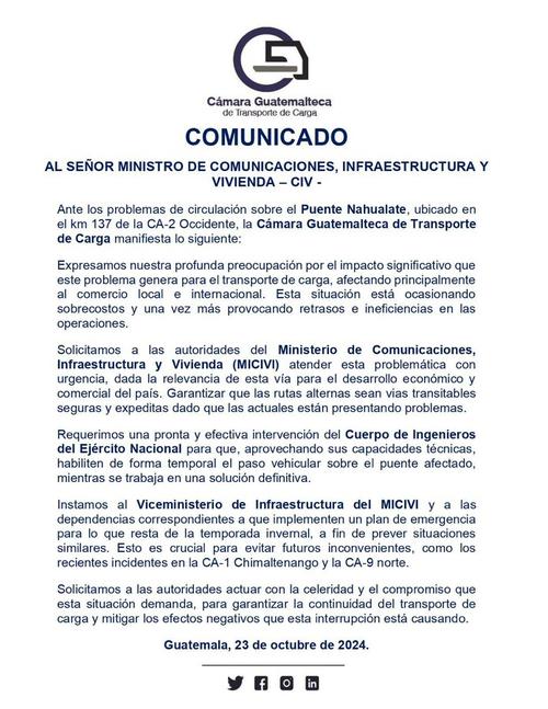 Postura de la Cámara Guatemalteca de Transporte de Carga cuyos representantes demandan a las autoridades a actuar con celeridad para garantizar la continuidad del servicio. (Foto: CGTG/Soy502)