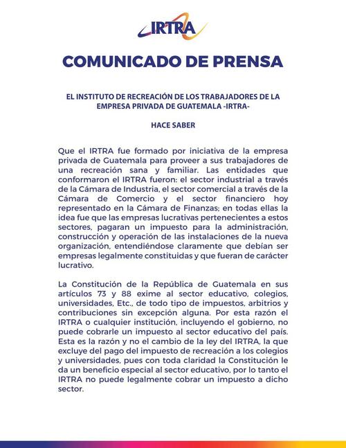 Este es el comunicado emitido por las autoridades del IRTRA para explicar la situación a los afectados. (Foto: IRTRA/Soy502)