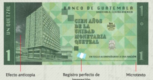 Especificaciones del reverso del billete conmemorativo de Q1. (Fuente: Banguat/Soy502)