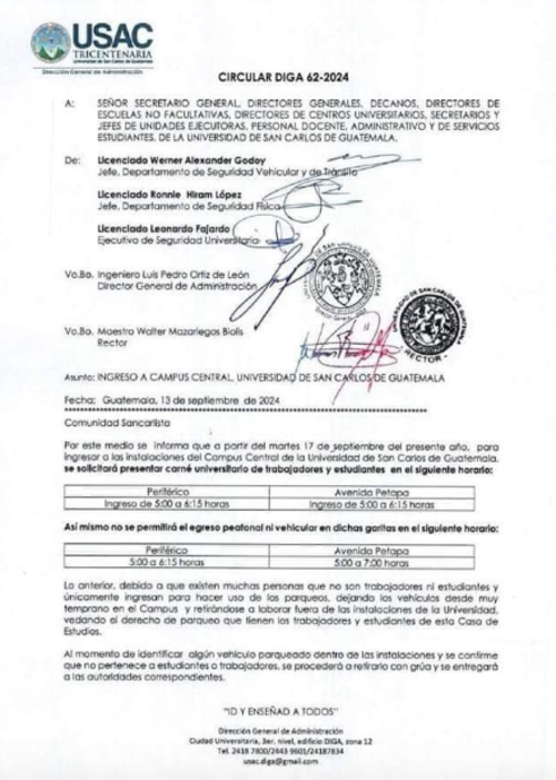 La circular DIGA 62-2024, que la USAC dio a conocer sobre las nuevas medidas para regular el acceso a su campus (Foto: Universidad de San Carlos de Guatemala)