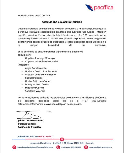 La Aeronáutica Civil de Colombia frente a situación con aeronave desaparecida informó la situación a través de un comunicado. Por otro lado, la empresa Pacífica confirmó listado de los 10 ocupantes. (Imagen recuperada de X (antes Twitter)